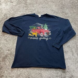 Gildan Shirt Mens Large Ultra Cotton Seasons Greetings Blue Christmas Xmas Tee